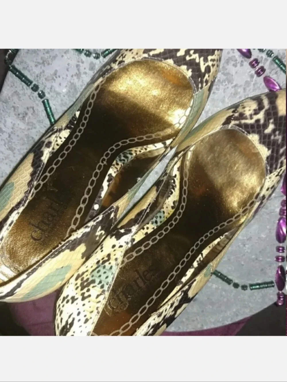 CHARLES DAVID Gold Sole Snakeskin Pumps Size 7